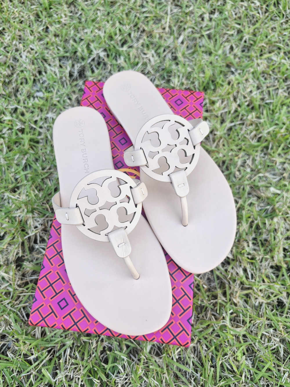 Tory Burch Nude/Pale Pink Miller Logo Toe-Post Sandals